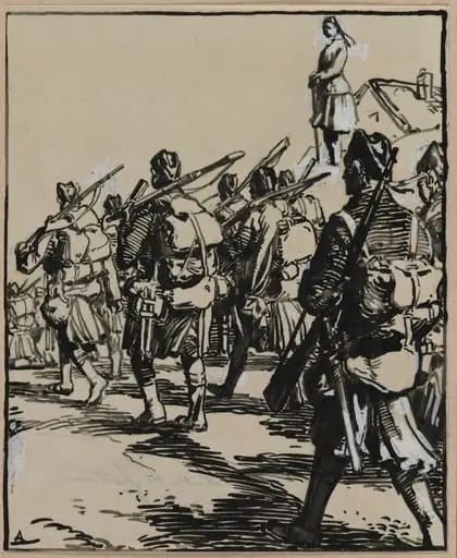 Bataille des frontières: groupe des soldats britanniques, by Auguste Lepère