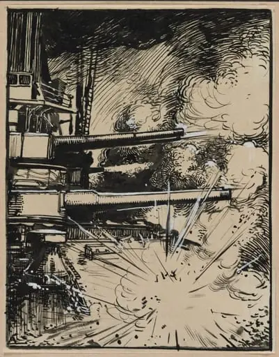 Bombe explosant sur un cuirasse aux canons braques, by Auguste Lepère
