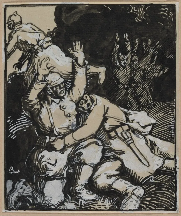 Dans une tranchée, des soldats allemands se rendent, by Auguste Lepère, 1914