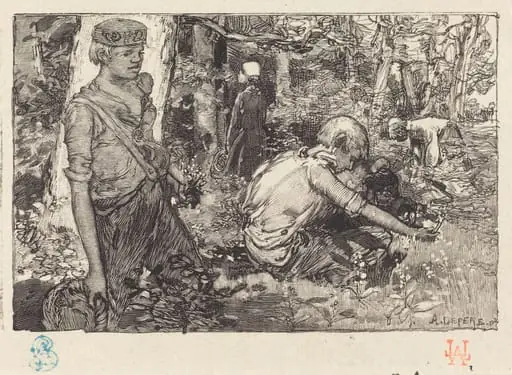 Gathering of May-lily (La cueillette du muguet), by Auguste Lepère