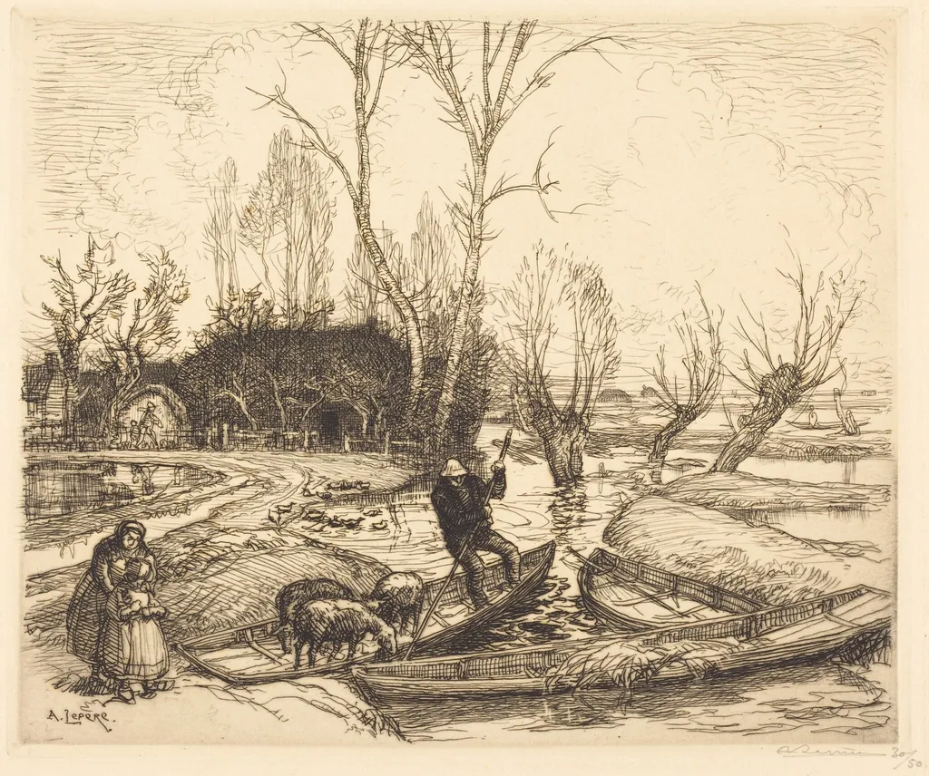 In the Deluged Marsh - The Shepherd (Au marais inonde - Le berger), by Auguste Lepère, ink, 1911