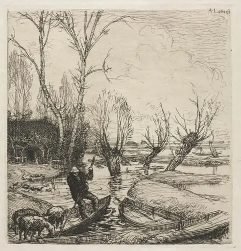 [Man in a Boat with Three Sheep], by Auguste Lepère