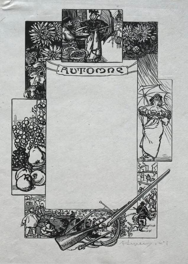Paris Almanac, 1897: Decorative Border, Autumn, by Auguste Lepère, 1897
