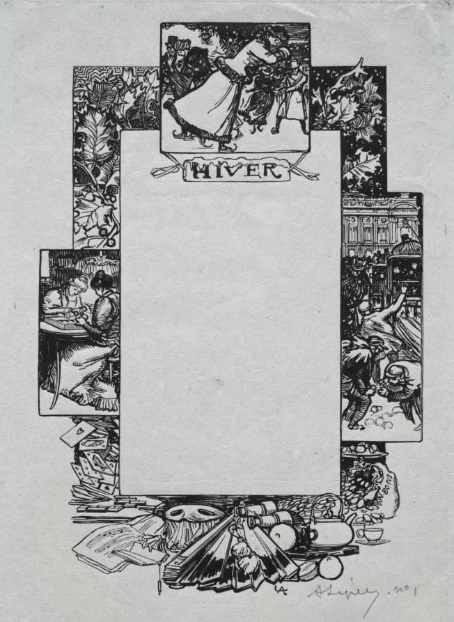 Paris Almanac, 1897: Decorative Border, Winter, by Auguste Lepère, 1897