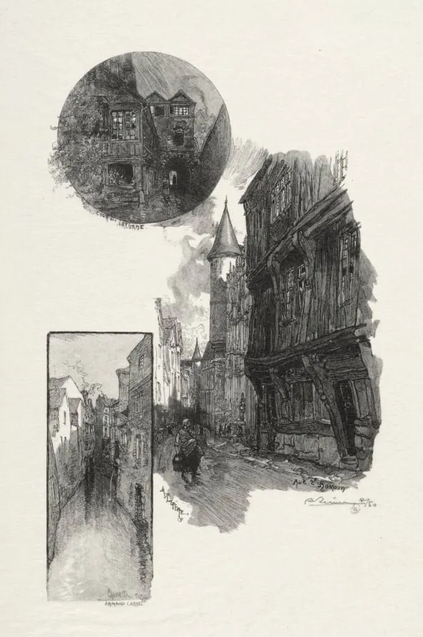 Rouen Illustré: Cour de L'Albane; Rue Saint Romain; L'aubette Rue Armand - Carrel, by Auguste Lepère, 1896