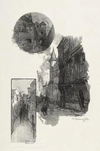 Rouen Illustré: Cour de L'Albane; Rue Saint Romain; L'aubette Rue Armand - Carrel, by Auguste Lepère