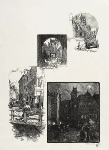 Rouen Illustré: Rue des Charretes; Rue de Halage; Rue Eau de Robec; Place des Arts, by Auguste Lepère