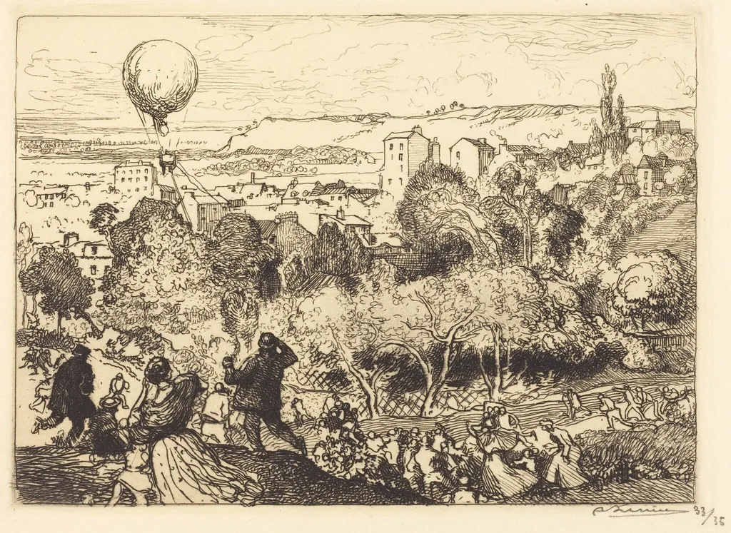 The Falling Balloon, in Pre-Saint-Gervais (Lebaloon qui tombe, au Pre-Saint-Gervais), by Auguste Lepère, ink, 1910