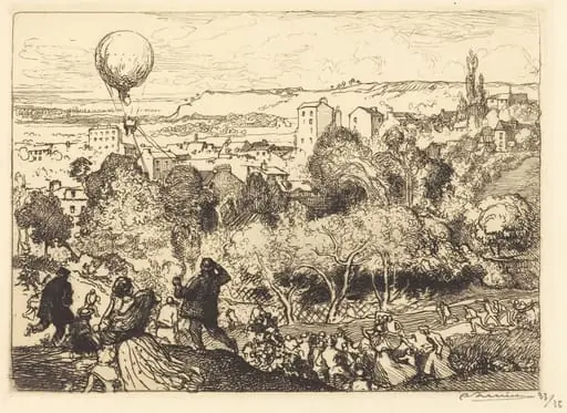 The Falling Balloon, in Pre-Saint-Gervais (Lebaloon qui tombe, au Pre-Saint-Gervais), by Auguste Lepère
