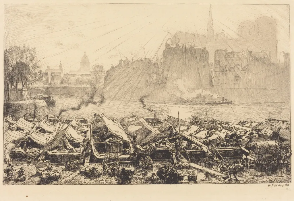The Great Apple Market (Le grand marche aux pommes), by Auguste Lepère, ink, 1917
