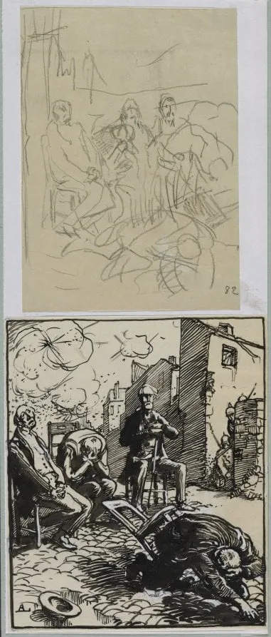 Trois otages assis, by Auguste Lepère, 1914