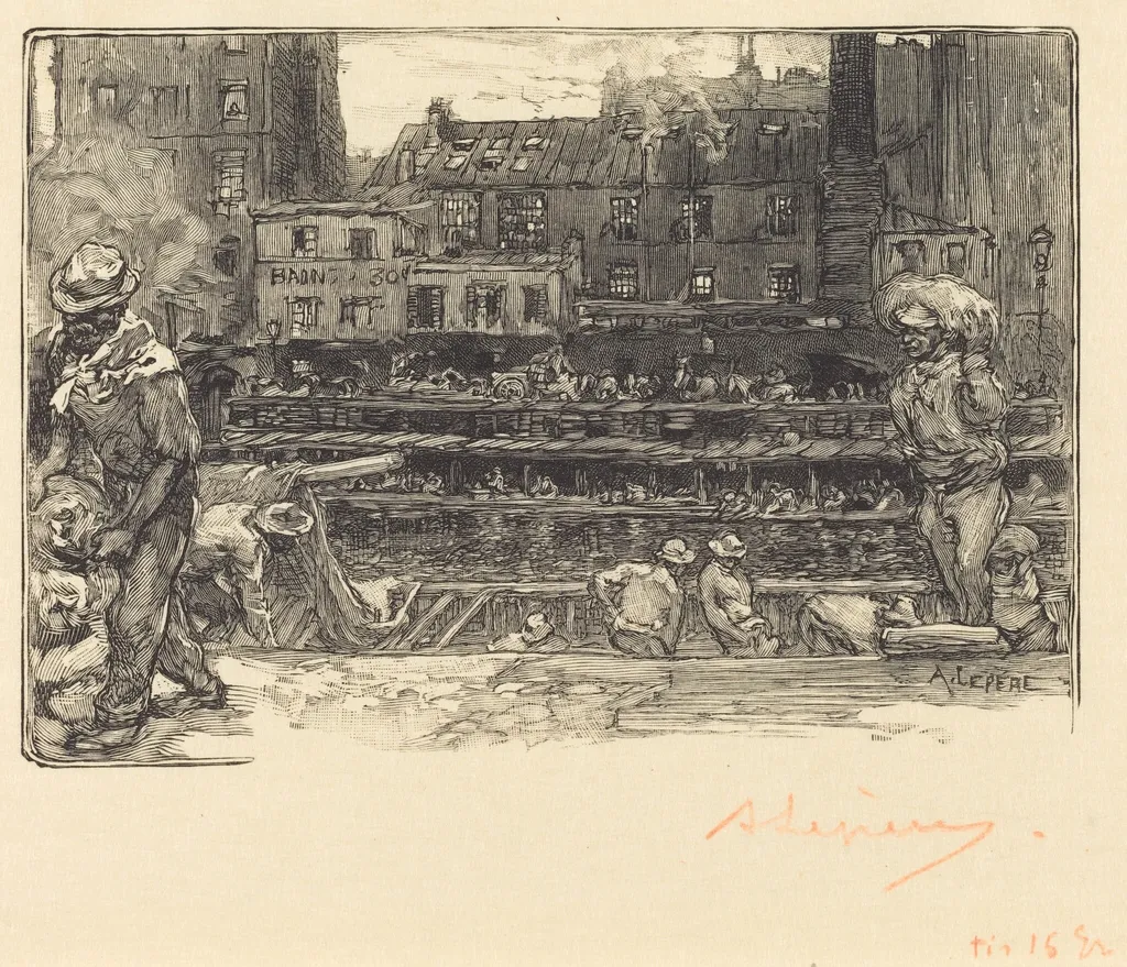 Unloading, Canal St. Martin (Les dechargeurs de platre, Canal Saint-Martin), by Auguste Lepère, ink, 1890