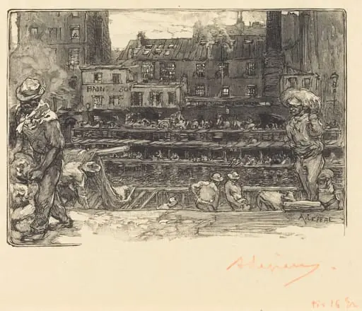 Unloading, Canal St. Martin (Les dechargeurs de platre, Canal Saint-Martin), by Auguste Lepère