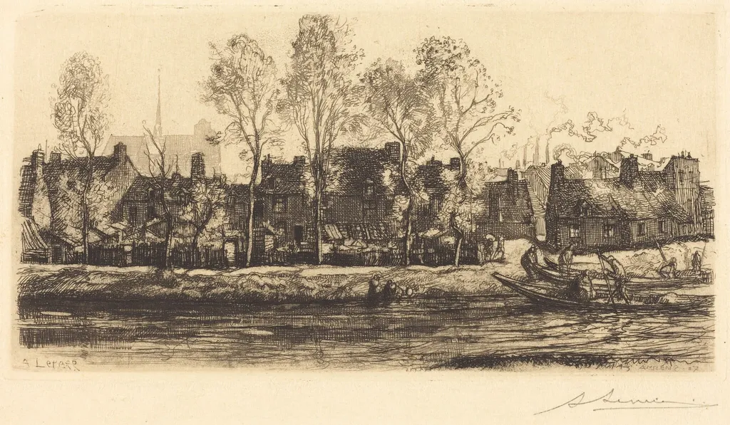 Banks of the Somme at Amiens (Bords de la Somme a Amiens), by Auguste Louis Lepère, ink, 1907