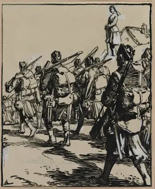 Bataille des frontières: groupe des soldats britanniques, by Auguste Louis Lepère