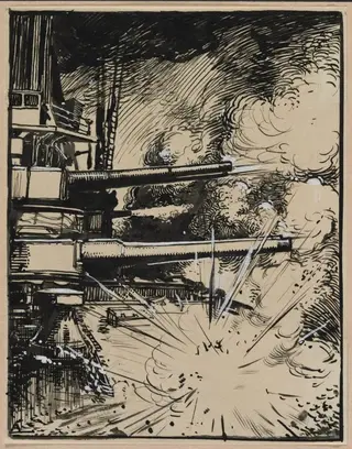 Bombe explosant sur un cuirasse aux canons braques