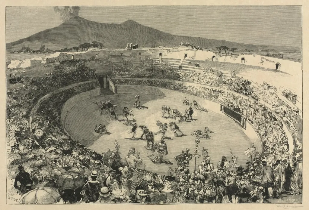 Italy. The Festival of Pompei, The circus of gladiators, by Auguste Louis Lepère, 1884