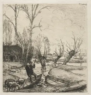 [Man in a Boat with Three Sheep]