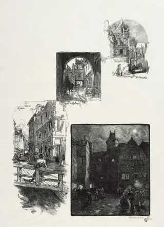 Rouen Illustré: Rue des Charretes; Rue de Halage; Rue Eau de Robec; Place des Arts, by Auguste Louis Lepère