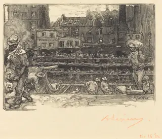 Unloading, Canal St. Martin (Les dechargeurs de platre, Canal Saint-Martin), by Auguste Louis Lepère