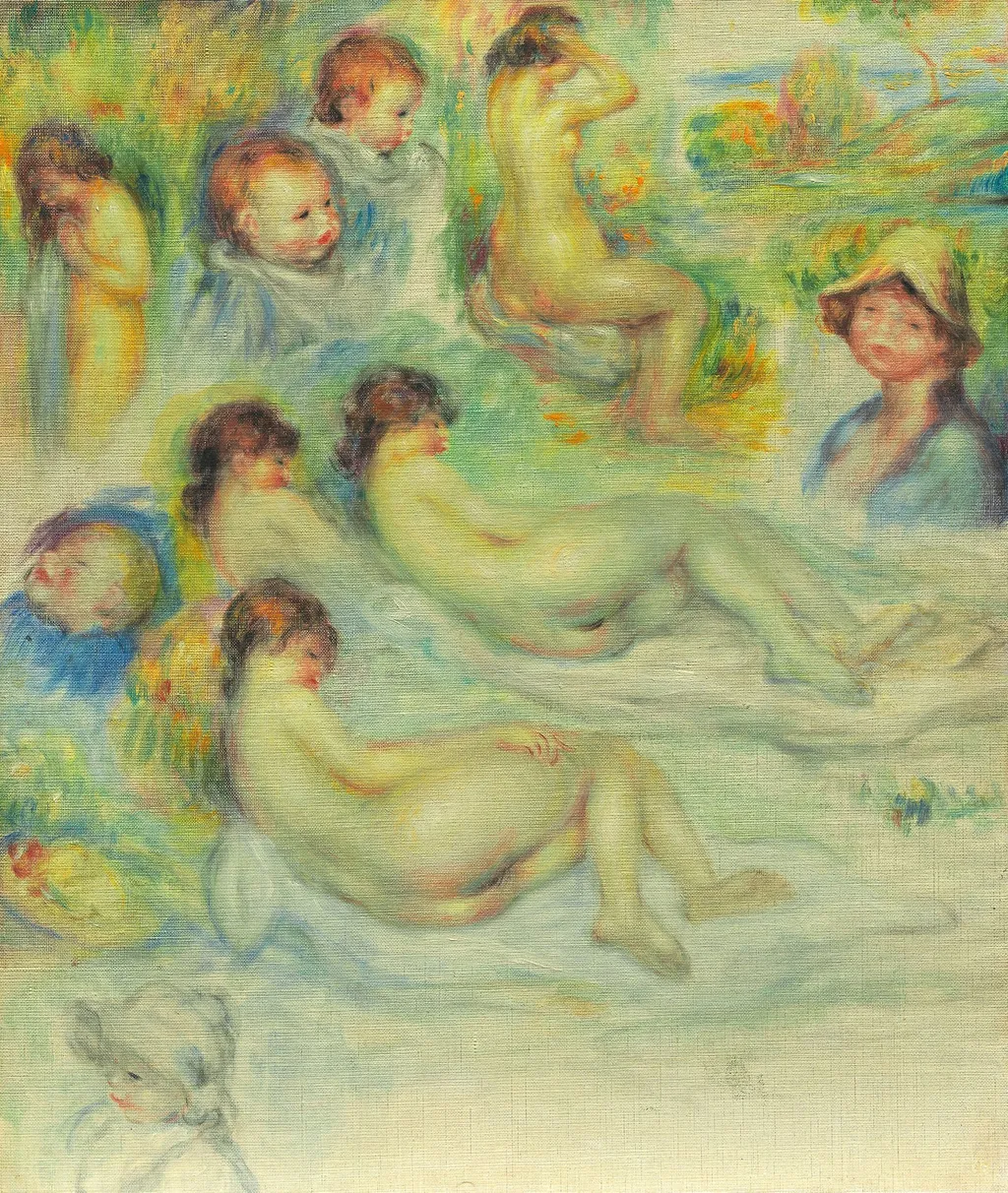Studies of Pierre Renoir; His Mother, Aline Charigot; Nudes; and Landscape, by Auguste Renoir, oil, 1893