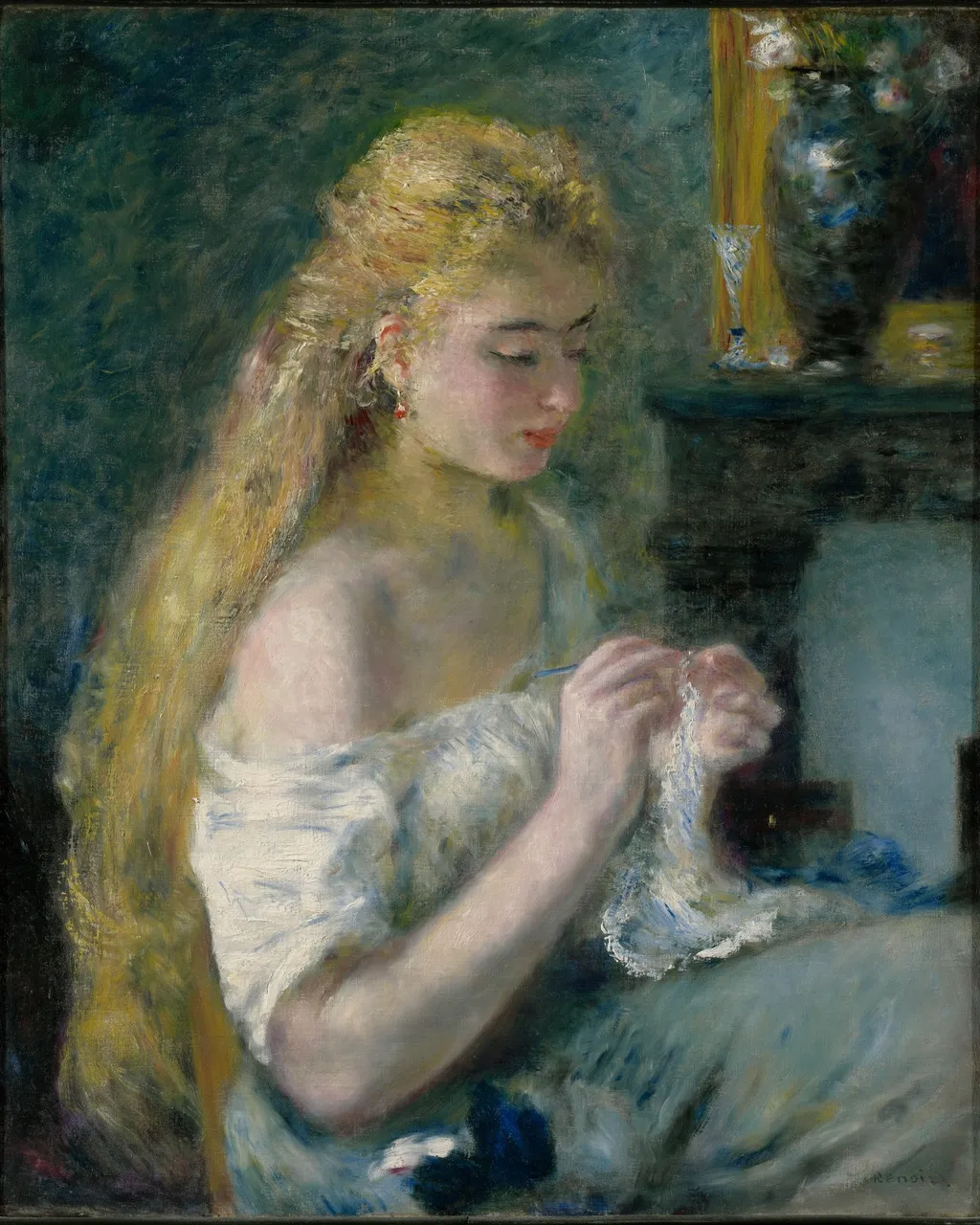Woman Crocheting, by Auguste Renoir, oil, 1875