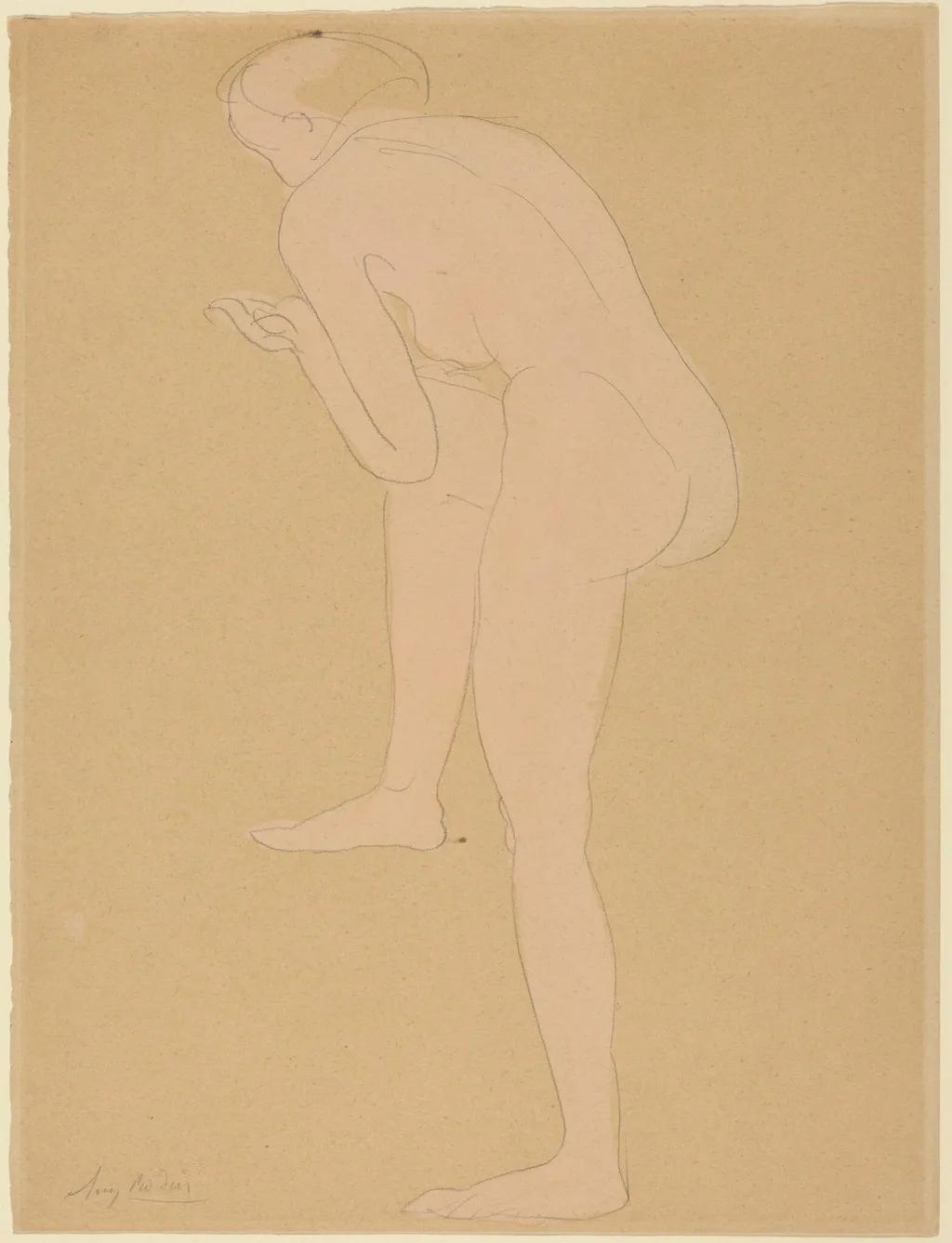 Figure Bending Forward with Right Knee Raised, by Auguste Rodin, graphite, 1878