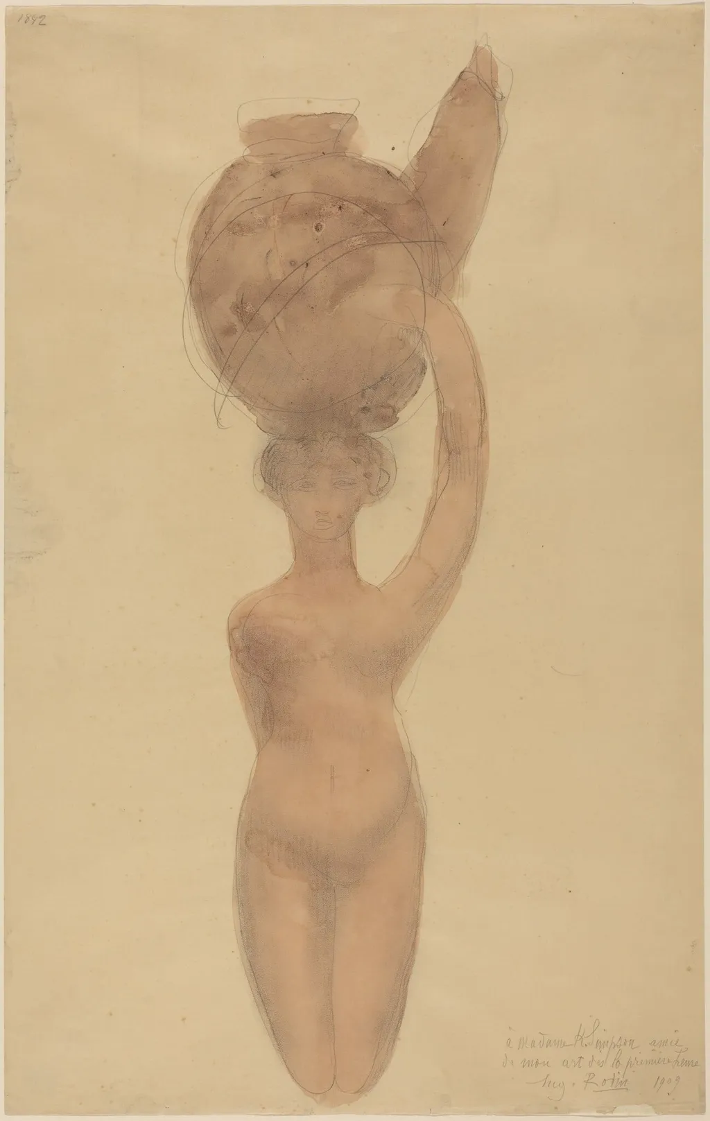 Nude Woman Carrying Vase on Head, by Auguste Rodin, graphite, 1909