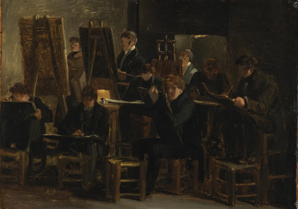 Studio Interior with Artists Working, by Auguste-Xavier Leprince, unspecified, 1820