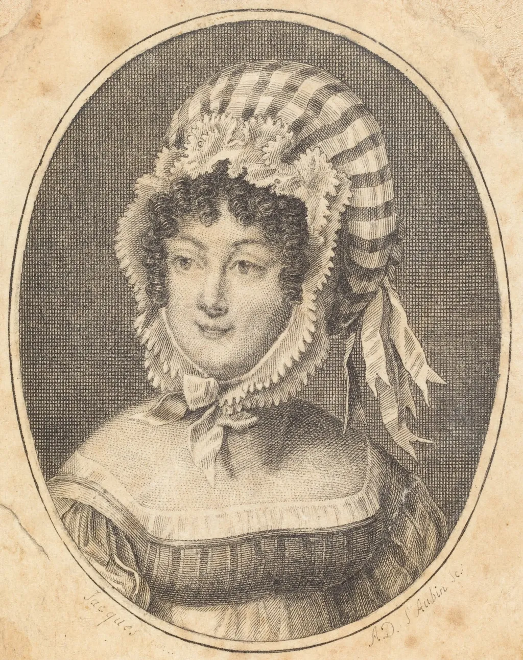 Head of a Woman Wearing a Striped Bonnet, by Augustin de Saint-Aubin, ink