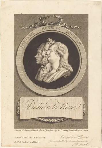 Louis XVI, Henri IV, and Louis XII, by Augustin de Saint-Aubin