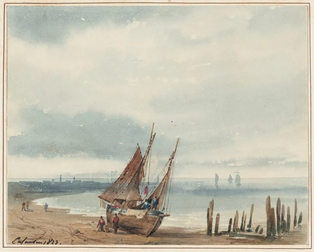 Coastal View in Normandy, with a Beached Boat, by Augustin Enfantin, watercolor, 1823