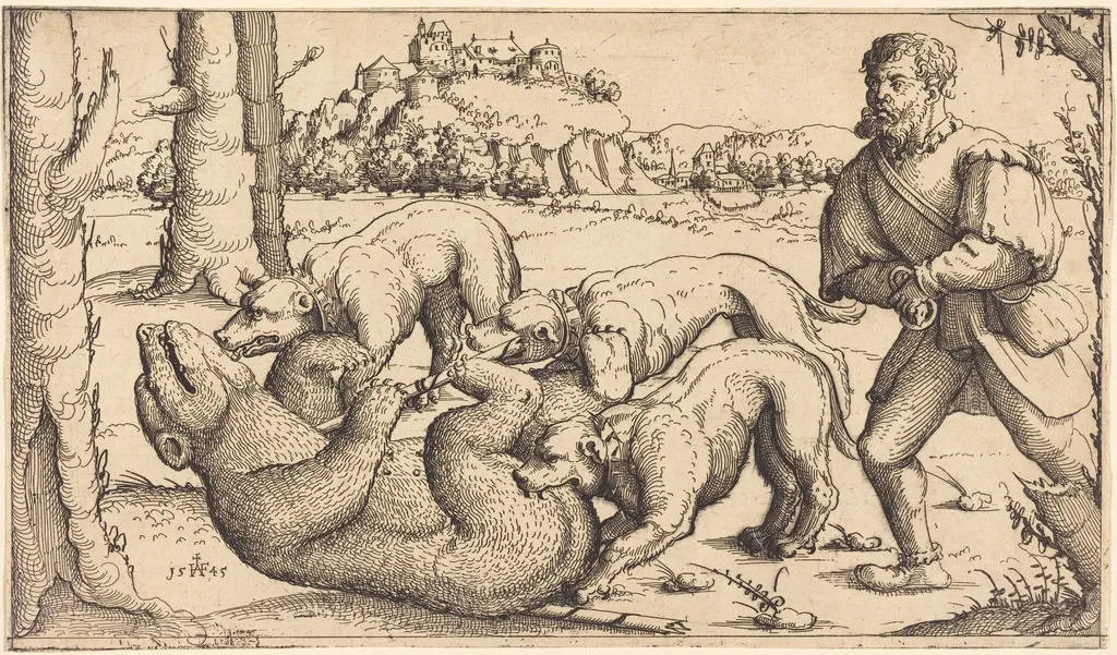 Bear Hunt, by Augustin Hirschvogel, ink, 1545