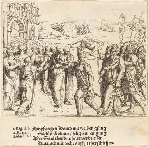 David is Welcomed after Killing Goliath, and Saul's Jealousy, by Augustin Hirschvogel
