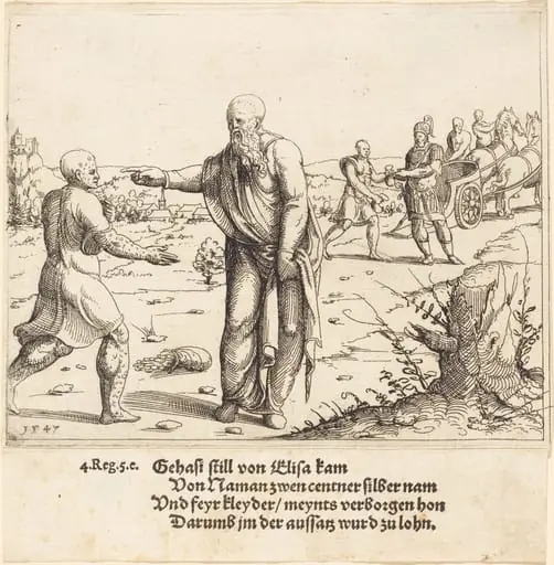 Elisha Punishes Gehazi with Naaman's Leprosy, by Augustin Hirschvogel