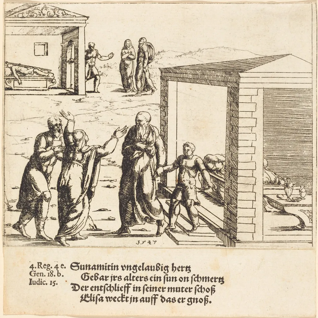 Elisha Raises the Son of the Shunammite, by Augustin Hirschvogel, ink, 1547