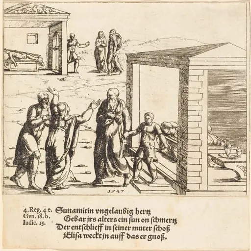 Elisha Raises the Son of the Shunammite, by Augustin Hirschvogel
