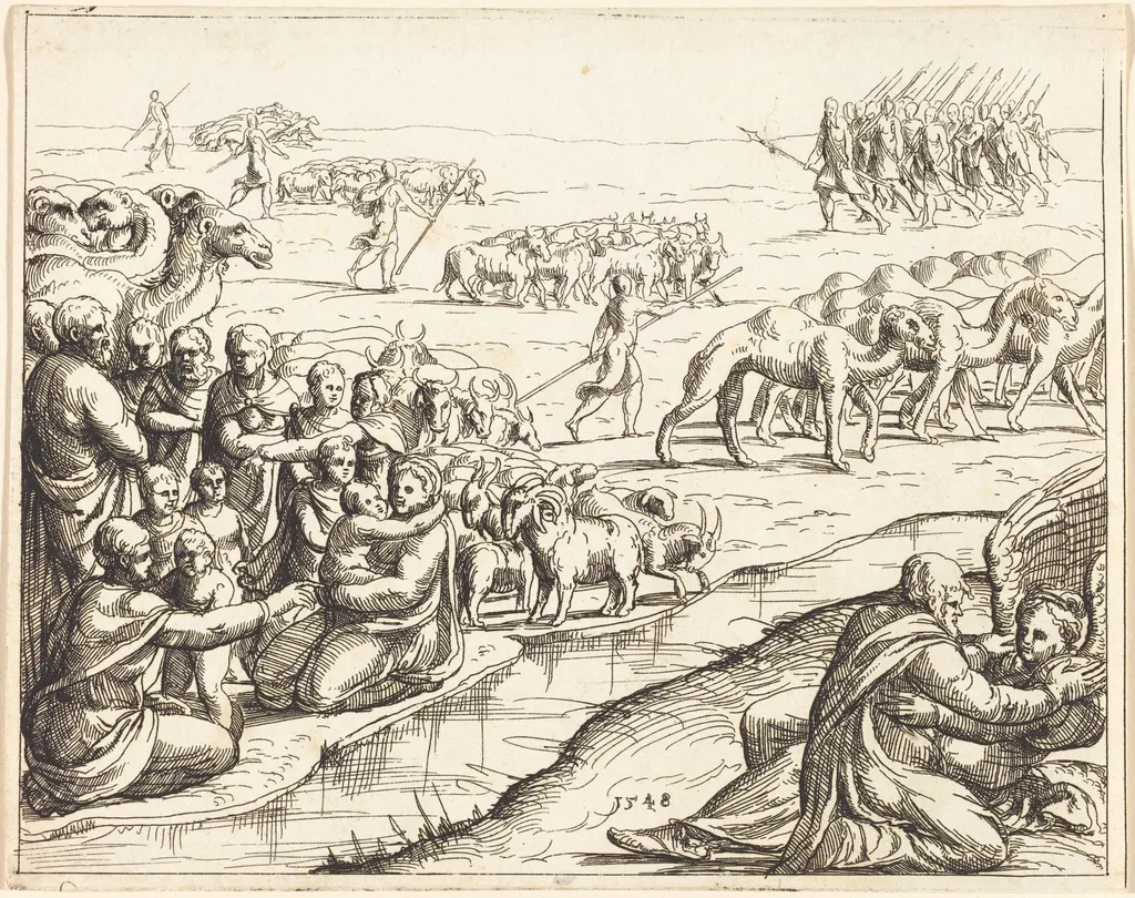 Jacob Wrestling with the Angel, by Augustin Hirschvogel, ink, 1528