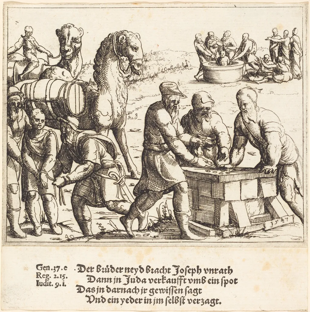 Joseph Sold to the Ishmaelites, by Augustin Hirschvogel, ink, 1547