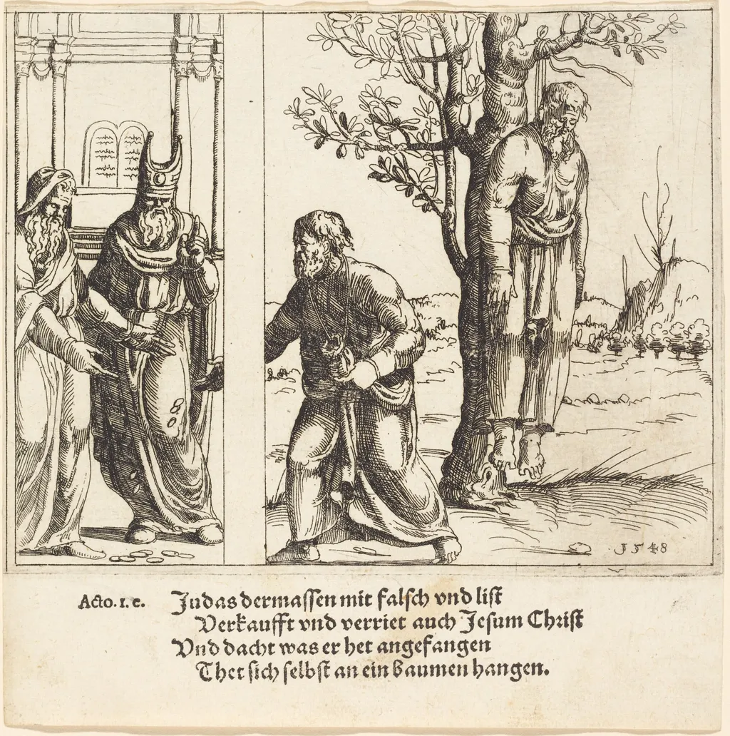 Judas Returns the Thirty Pieces of Silver, by Augustin Hirschvogel, ink, 1548