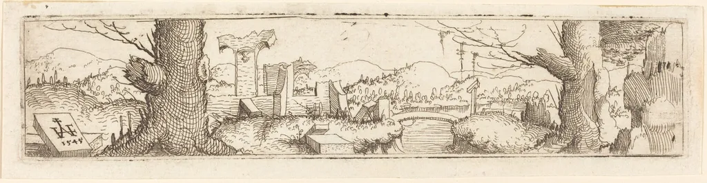 Landscape with a Brook and Ruins, by Augustin Hirschvogel, ink, 1545