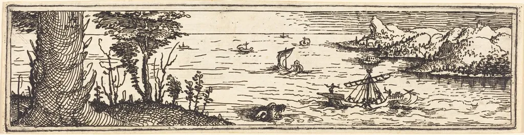 Landscape with a Lake and Sailing-Vessels, by Augustin Hirschvogel, ink, 1545
