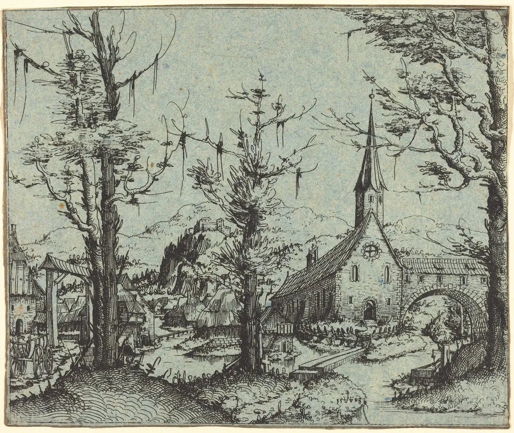 Landscape with a Village Church, by Augustin Hirschvogel, ink, 1545