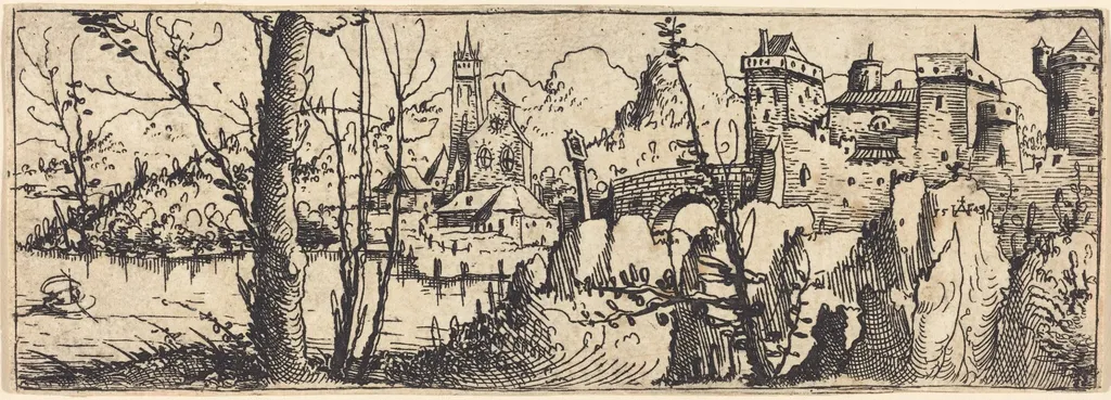 Landscape with Castle at Right, Surrounded by Rocks, by Augustin Hirschvogel, ink, 1546