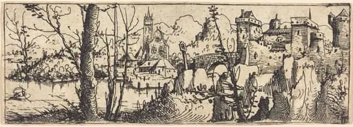 Landscape with Castle at Right, Surrounded by Rocks, by Augustin Hirschvogel