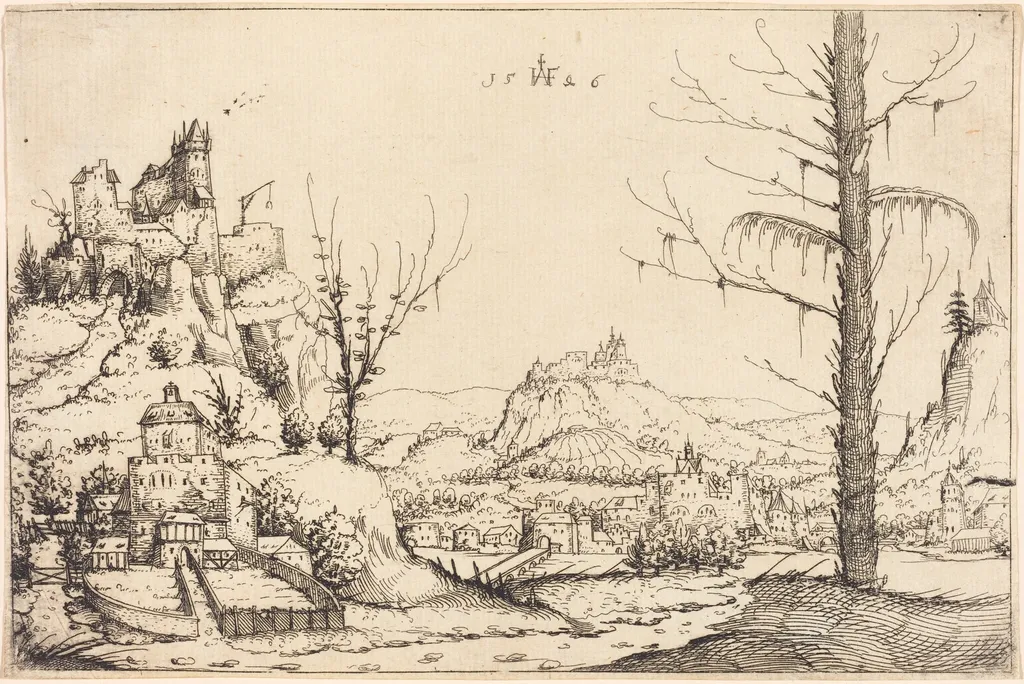 Landscape with High Cliffs, River, and City, by Augustin Hirschvogel, ink, 1546