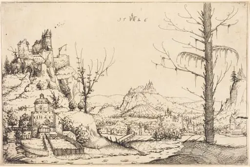 Landscape with High Cliffs, River, and City, by Augustin Hirschvogel