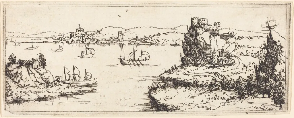 Landscape with Sail Boats, by Augustin Hirschvogel, ink, 1546