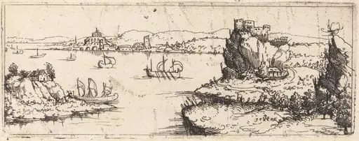 Landscape with Sail Boats [bottom plate], by Augustin Hirschvogel