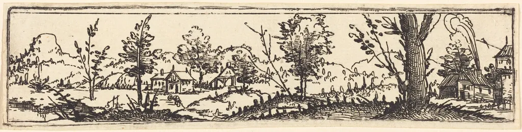 Landscape with Six Single Trees and Three Small Farm-Houses, by Augustin Hirschvogel, ink, 1528